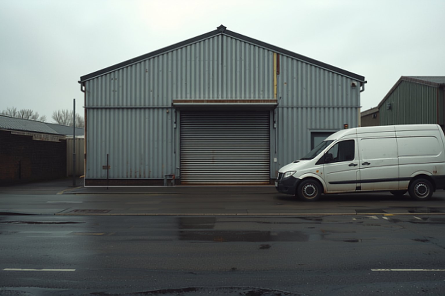 Steel-clad industrial unit with roller shutter and white van on a UK estate - premises a director's SSAS can own