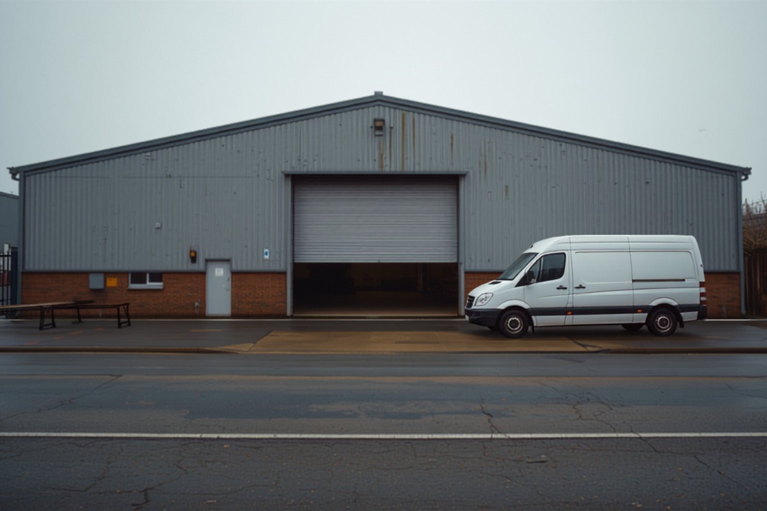 Trade counter unit with roller shutter and van on a UK industrial estate, typical commercial property a SSAS can buy
